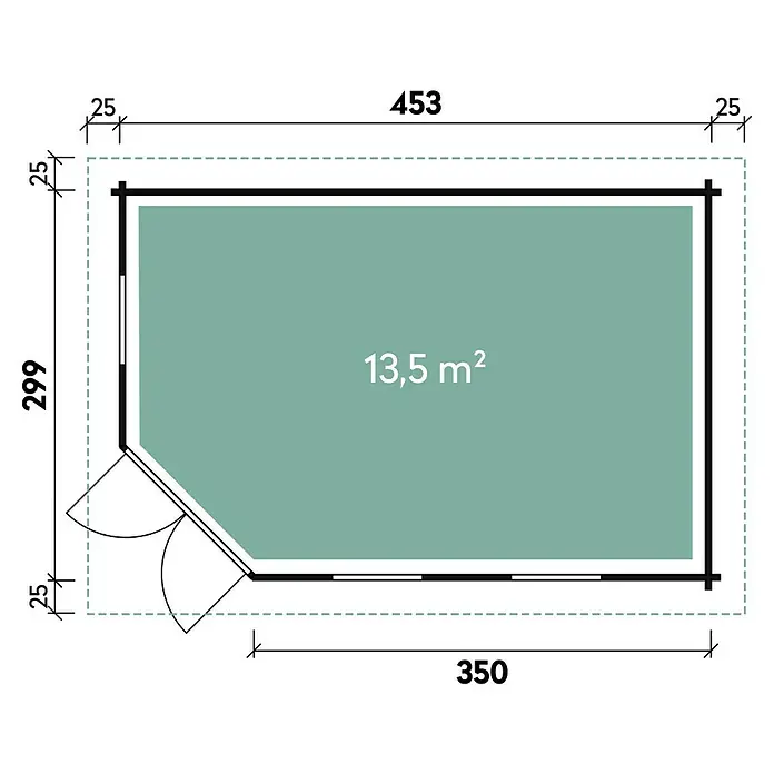 Wolff Finnhaus Blockbohlenhaus Maja 40 B/1-Raum - 3,49 x 5,03 m, Wandstärke: 40 mm, Flachdach, Natur - Skizze