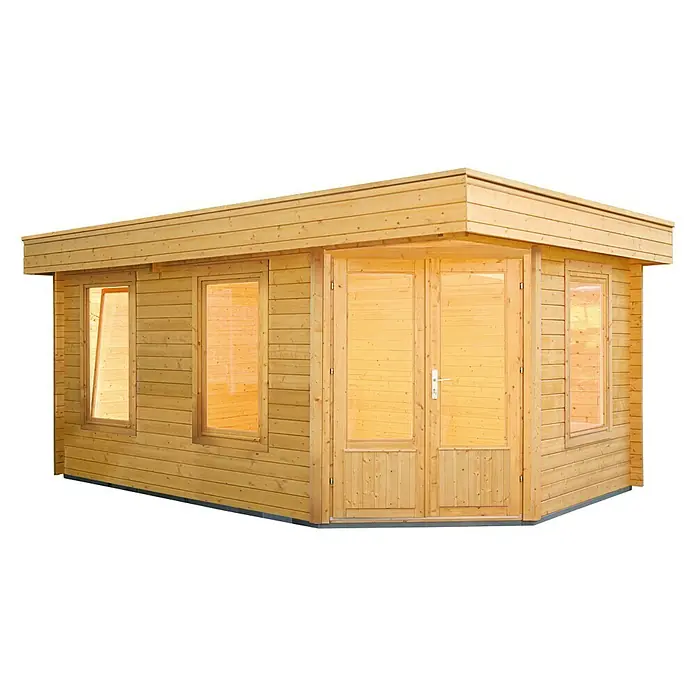 Wolff Finnhaus Blockbohlenhaus Maja 40 B/1-Raum - 3,49 x 5,03 m, Wandstärke: 40 mm, Flachdach, Natur - Diagonale Ansicht