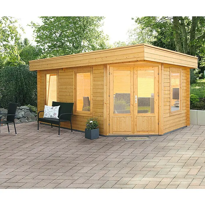 Wolff Finnhaus Blockbohlenhaus Maja 40 B/1-Raum - 3,49 x 5,03 m, Wandstärke: 40 mm, Flachdach, Natur - Stimmungsaufnahme