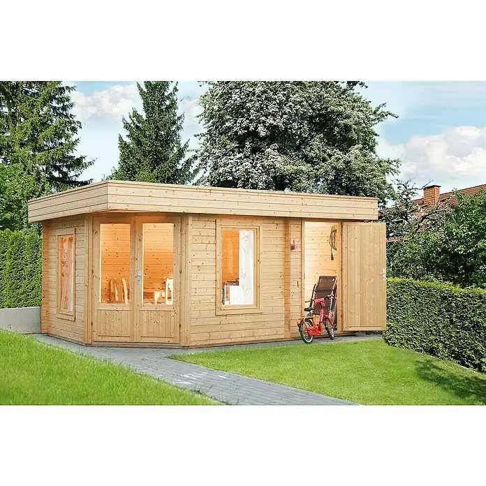 Wolff Finnhaus Blockbohlenhaus Maja 40 B/2-Raum - 3,49 x 5,03 m, Wandstärke: 40 mm, Flachdach, Natur - Stimmungsaufnahme