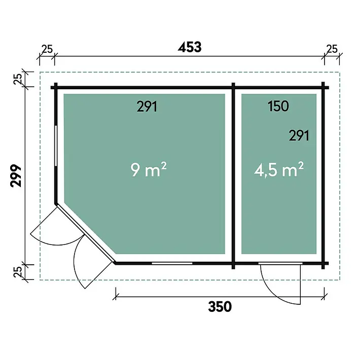 Wolff Finnhaus Blockbohlenhaus Maja 40 B/2-Raum - 3,49 x 5,03 m, Wandstärke: 40 mm, Flachdach, Natur - Skizze