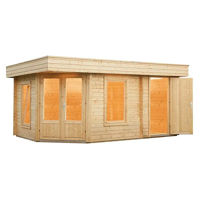 Wolff Finnhaus Blockbohlenhaus Maja 40 B/2-Raum - 3,49 x 5,03 m, Wandstärke: 40 mm, Flachdach, Natur - Diagonale Ansicht