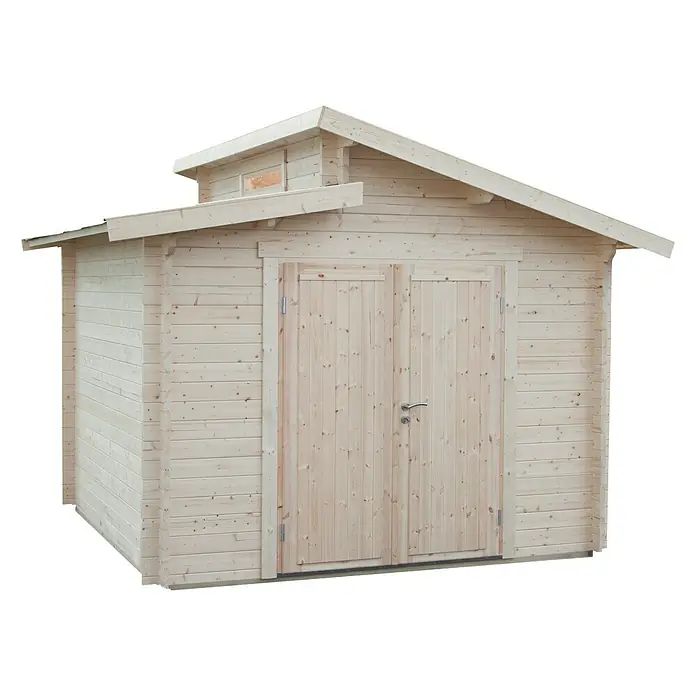 Wolff Finnhaus Blockbohlenhaus Bornholm 40-B Typ 1 - 3,6 x 3,6 m, Wandstärke: 40 mm, Vollholztür - Diagonale Ansicht