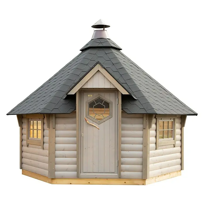 Wolff Finnhaus Grillkota 9 de Luxe A - 438 x 388 cm, Wandstärke: 45 mm, Natur, Farbe Dach: Schwarz - Vorderansicht