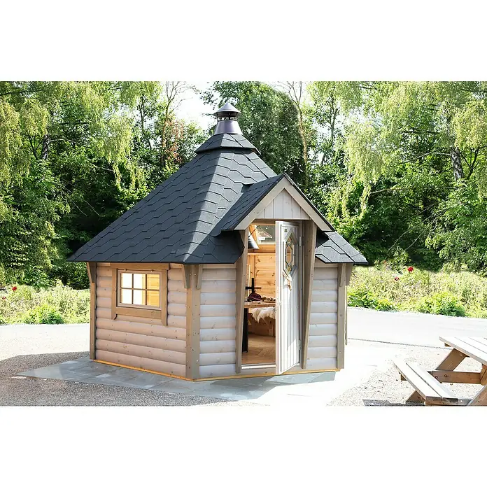 Wolff Finnhaus Grillkota 9 de Luxe A - 438 x 388 cm, Wandstärke: 45 mm, Natur, Farbe Dach: Schwarz - Stimmungsaufnahme