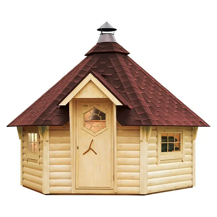 Wolff Finnhaus Grillkota 9 de Luxe A - 438 x 388 cm, Wandstärke: 45 mm, Natur, Farbe Dach: Rot - Diagonale Ansicht