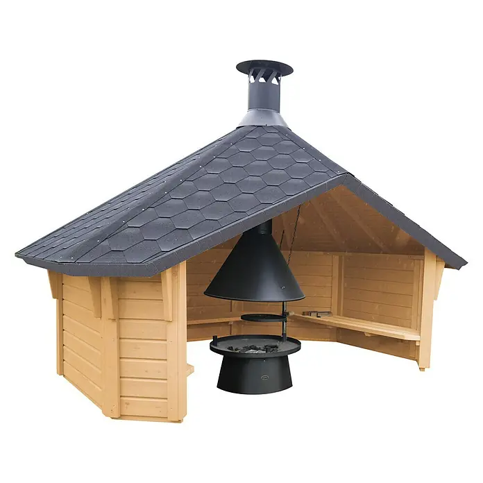 Wolff Finnhaus Gartenlaube - B x T: 393 x 325 cm, Mit Grillanlage - Diagonale Ansicht