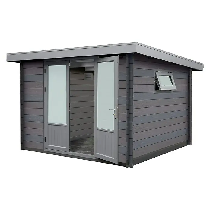 Wolff Finnhaus Gerätehaus Trend D - 340 x 332 cm, Verbundwerkstoff, Grau - Diagonale Ansicht