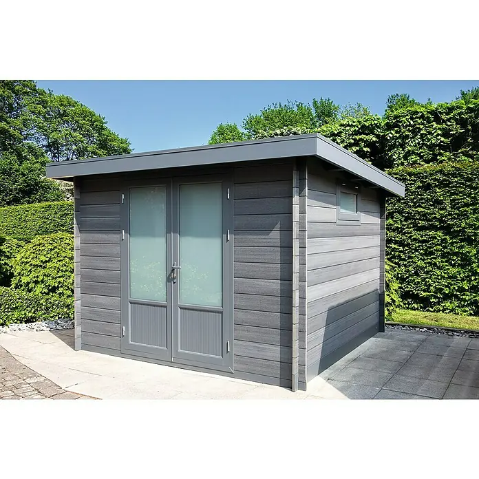 Wolff Finnhaus Gerätehaus Trend D - 340 x 332 cm, Verbundwerkstoff, Grau - Stimmungsaufnahme
