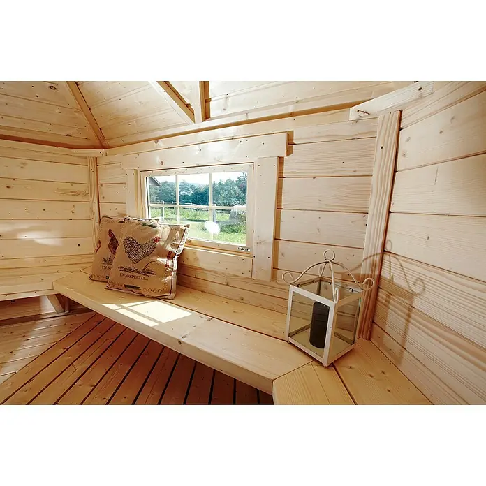 Wolff Finnhaus Grillkota Basic 6.7 - 370 x 327 cm, Wandstärke: 45 mm, Natur, Farbe Dach: Schwarz - Stimmungsaufnahme