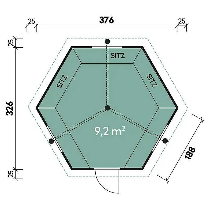 Wolff Finnhaus Grillkota Basic 9 DS - 3,93 x 4,54 m, Wandstärke: 45 mm, Natur - Skizze