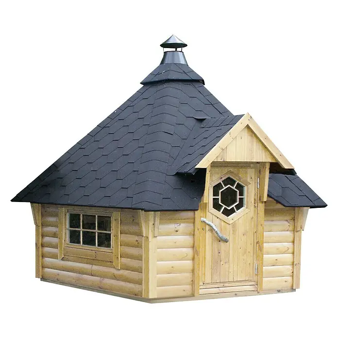 Wolff Finnhaus Grillkota Basic 9 DS - 3,93 x 4,54 m, Wandstärke: 45 mm, Natur - Diagonale Ansicht