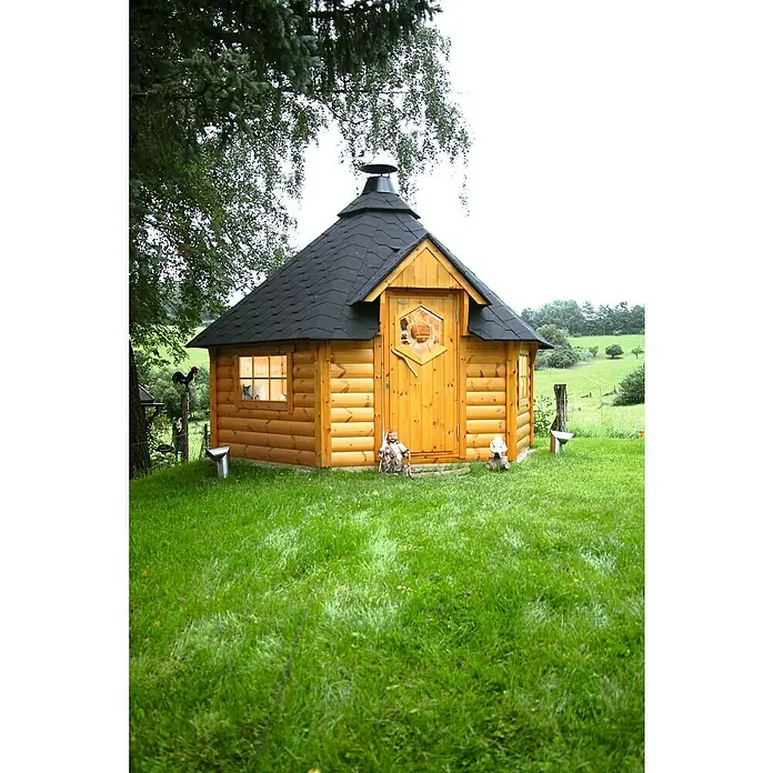 Wolff Finnhaus Grillkota Basic 9 DS - 3,93 x 4,54 m, Wandstärke: 45 mm, Natur - Stimmungsaufnahme