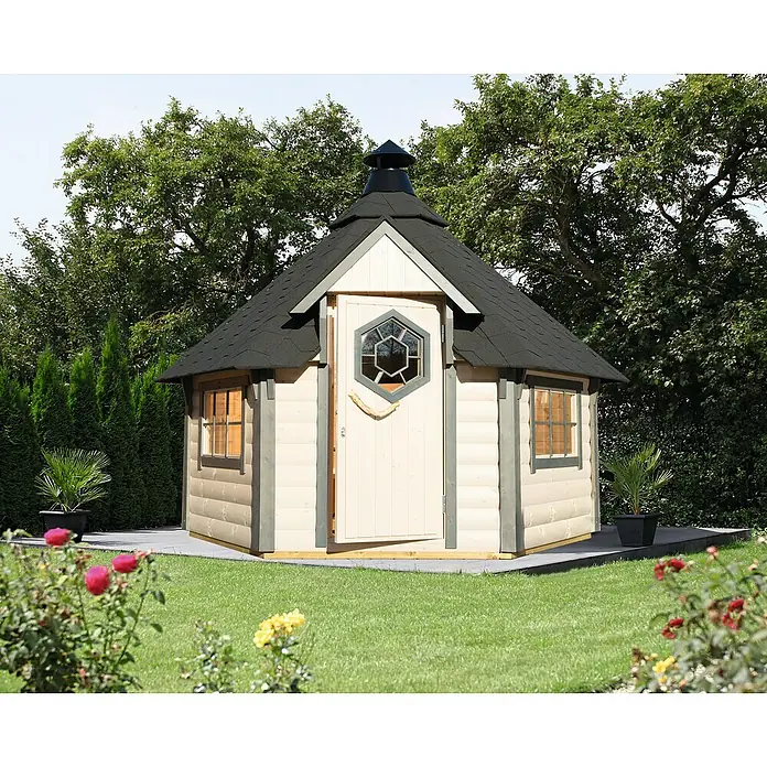 Wolff Finnhaus Grillkota Basic 6.7 - 370 x 327 cm, Wandstärke: 45 mm, Natur, Farbe Dach: Schwarz - Stimmungsaufnahme