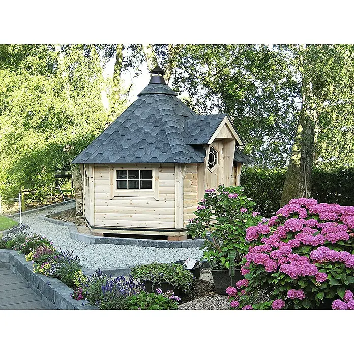 Wolff Finnhaus Grillkota 9 De Luxe DS - 3,93 x 4,53 m, Wandstärke: 45 mm, Natur - Stimmungsaufnahme