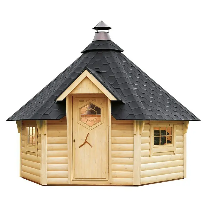 Wolff Finnhaus Grillkota 9 De Luxe DS - 3,93 x 4,53 m, Wandstärke: 45 mm, Natur - Diagonale Ansicht