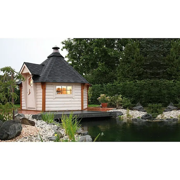 Wolff Finnhaus Grillkota 9 De Luxe DS - 3,93 x 4,53 m, Wandstärke: 45 mm, Natur - Stimmungsaufnahme