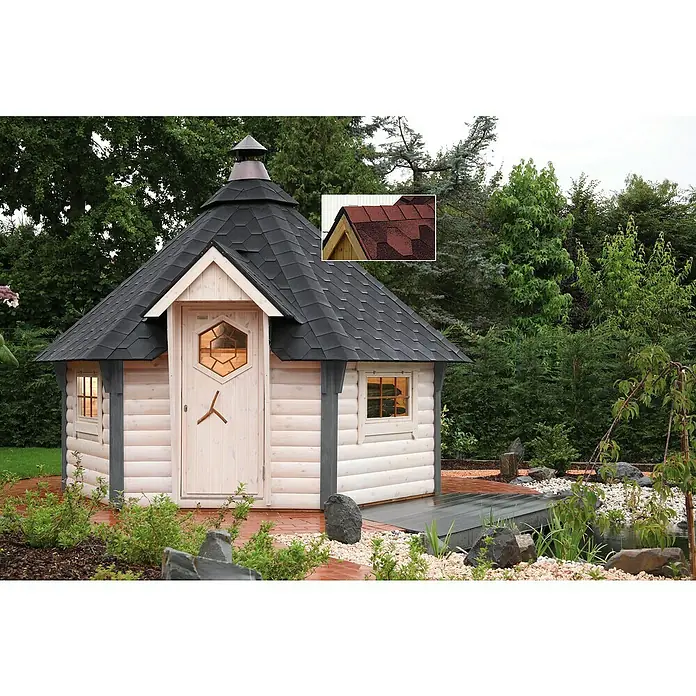 Wolff Finnhaus Grillkota 9 de Luxe A - 438 x 388 cm, Wandstärke: 45 mm, Natur, Farbe Dach: Rot - Stimmungsaufnahme