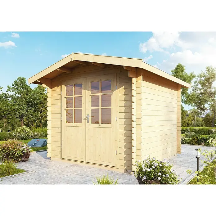 Wolff Finnhaus Blockbohlenhaus Bibertal 28-XS - 2,6 x 2,9 m, Wandstärke: 28 mm - Stimmungsaufnahme