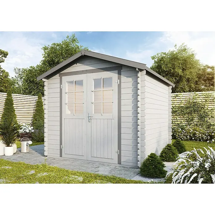 Wolff Finnhaus Gartenhaus Lyon B - 2,46 x 2,46 m, Wandstärke: 28 mm, Satteldach, Natur - Stimmungsaufnahme