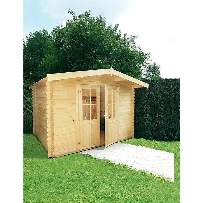 Wolff Finnhaus Gartenhaus Lyon C - 3,24 x 2,9 m, Wandstärke: 28 mm, Satteldach, Natur - Stimmungsaufnahme