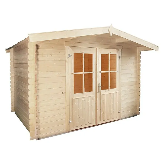 Wolff Finnhaus Gartenhaus Lyon C - 3,24 x 2,9 m, Wandstärke: 28 mm, Satteldach, Natur - Diagonale Ansicht