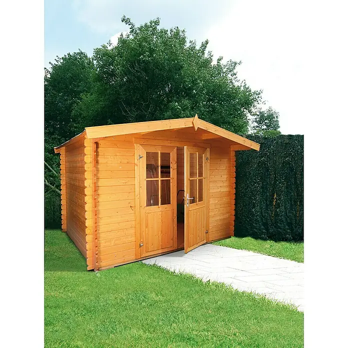 Wolff Finnhaus Gartenhaus Lyon C - 3,24 x 2,9 m, Wandstärke: 28 mm, Satteldach, Natur - Stimmungsaufnahme