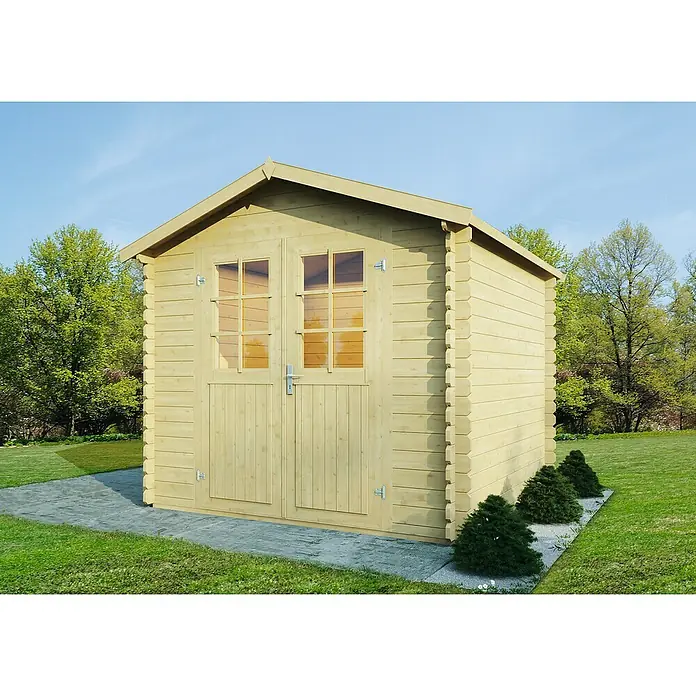 Wolff Finnhaus Gartenhaus Lyon B - 2,52 x 2,62 m, Wandstärke: 28 mm, Satteldach, Natur - Stimmungsaufnahme