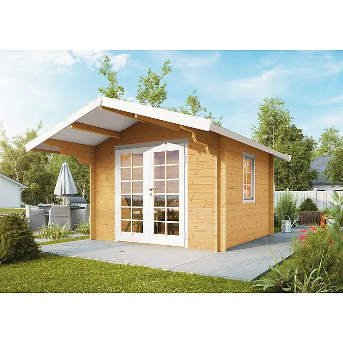 Wolff Finnhaus Gartenhaus Bergen 44-A - B x T: 360 x 395 cm, Holz, 7,4 m², Wandstärke: 44 mm, Fichte/Nebelweiß - Stimmungsaufnahme