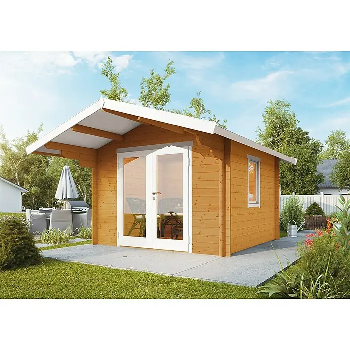 Wolff Finnhaus Gartenhaus Bergen 44-B - B x T: 360 x 450 cm, Holz, 9 m², Wandstärke: 44 mm, Bernstein/Nebelweiß - Stimmungsaufnahme