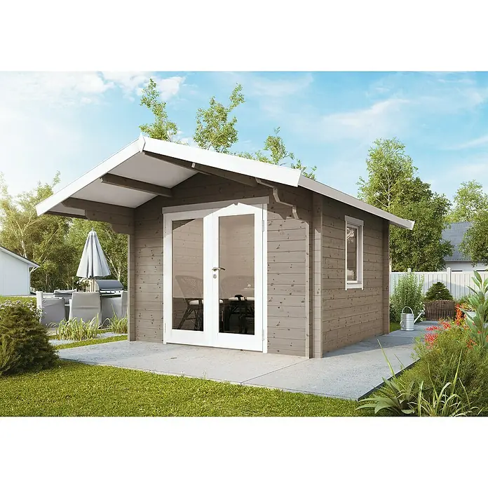 Wolff Finnhaus Gartenhaus Bergen 44-B - B x T: 360 x 450 cm, Holz, 9 m², Wandstärke: 44 mm, Gletschergrau/Nebelweiß - Stimmungsaufnahme