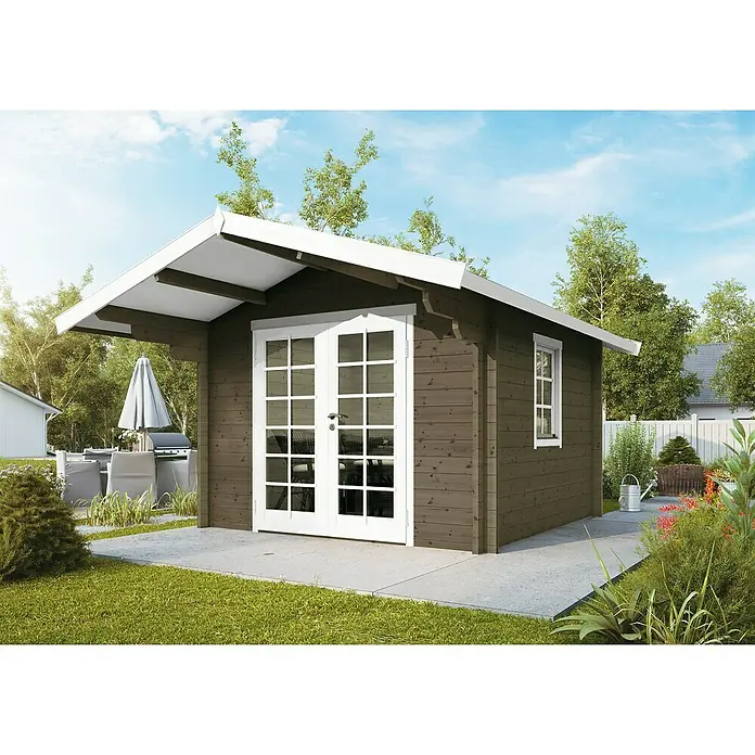 Wolff Finnhaus Gartenhaus Bergen 44-B - B x T: 360 x 450 cm, Holz, 9 m², Wandstärke: 44 mm, Felsgrau/Nebelweiß - Stimmungsaufnahme