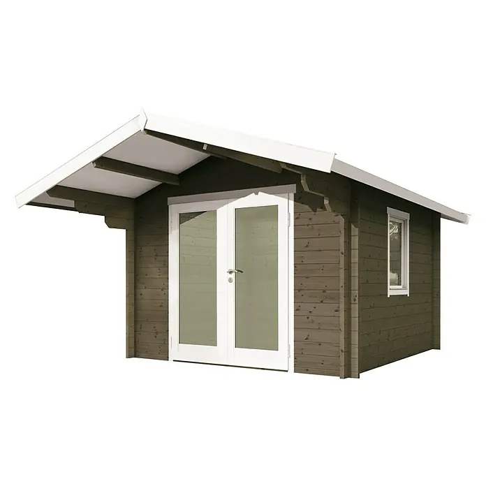 Wolff Finnhaus Gartenhaus Bergen 44-A - B x T: 360 x 395 cm, Holz, 7,4 m², Wandstärke: 44 mm, Felsgrau/Nebelweiß - Diagonale Ansicht