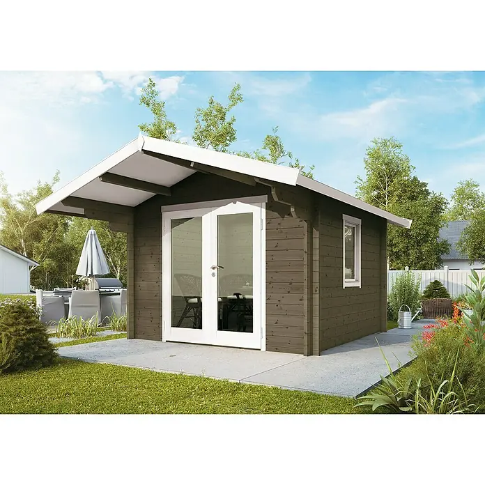 Wolff Finnhaus Gartenhaus Bergen 44-A - B x T: 360 x 395 cm, Holz, 7,4 m², Wandstärke: 44 mm, Felsgrau/Nebelweiß - Stimmungsaufnahme