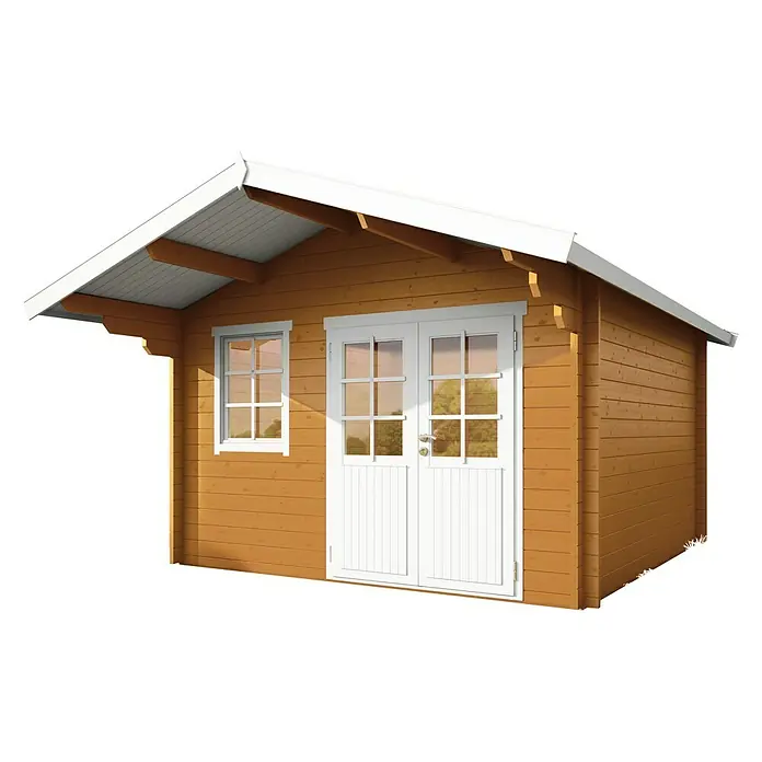 Wolff Finnhaus Gartenhaus Lisa 44-B - B x T: 444,6 x 530 cm, Holz, 15,2 m², Wandstärke: 44 mm, Bernstein/Nebelweiß - Diagonale Ansicht