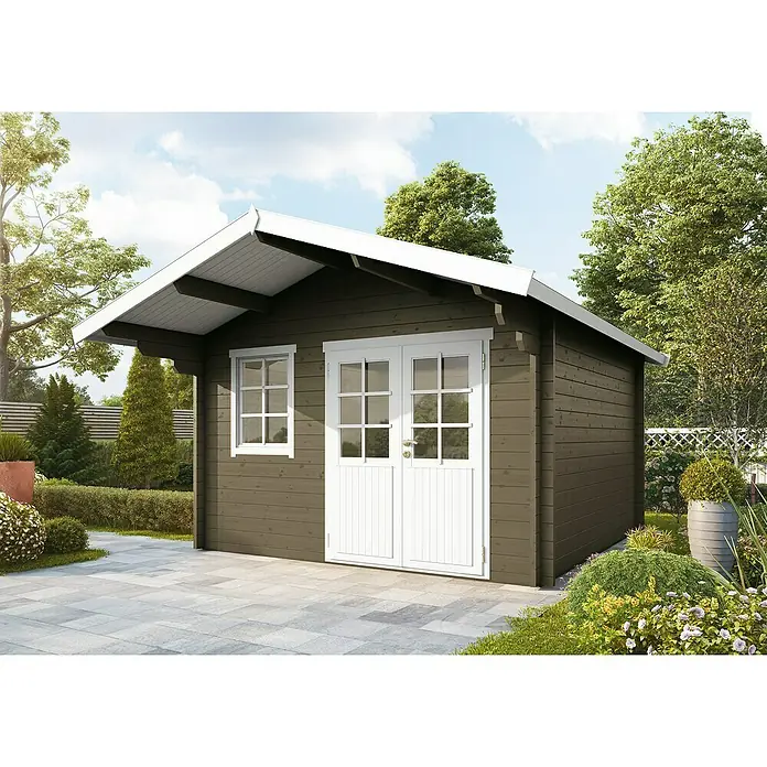 Wolff Finnhaus Gartenhaus Lisa 44-B - B x T: 444,6 x 530 cm, Holz, 15,2 m², Wandstärke: 44 mm, Felsgrau/Nebelweiß - Stimmungsaufnahme