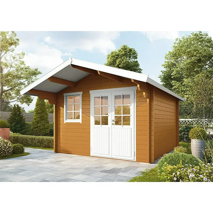 Wolff Finnhaus Gartenhaus Lisa 44-A XL - B x T: 420 x 440 cm, Holz, 13 m², Wandstärke: 44 mm, Bernstein/Nebelweiß - Stimmungsaufnahme