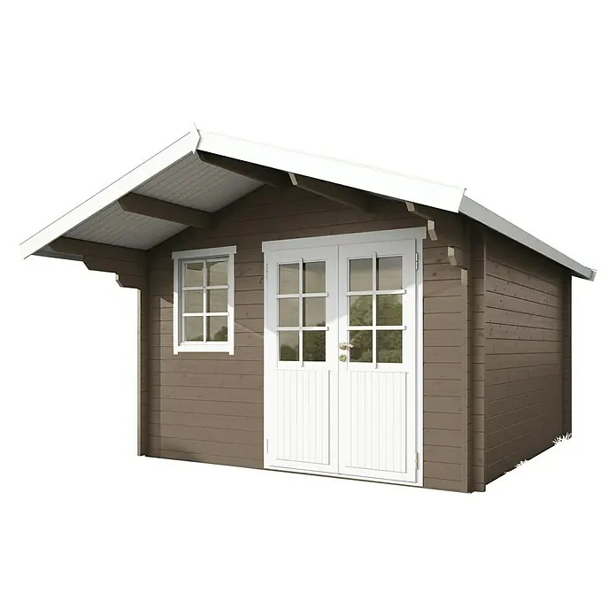 Wolff Finnhaus Gartenhaus Lisa 44-A XL - B x T: 420 x 440 cm, Holz, 13 m², Wandstärke: 44 mm, Gletschergrau/Nebelweiß - Diagonale Ansicht