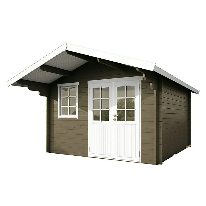 Wolff Finnhaus Gartenhaus Lisa 44-A XL - B x T: 420 x 440 cm, Holz, 13 m², Wandstärke: 44 mm, Felsgrau/Nebelweiß - Diagonale Ansicht