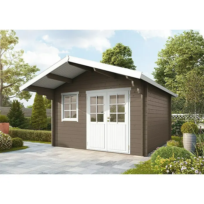 Wolff Finnhaus Gartenhaus Lisa 44-B - B x T: 444,6 x 530 cm, Holz, 15,2 m², Wandstärke: 44 mm, Gletschergrau/Nebelweiß - Stimmungsaufnahme