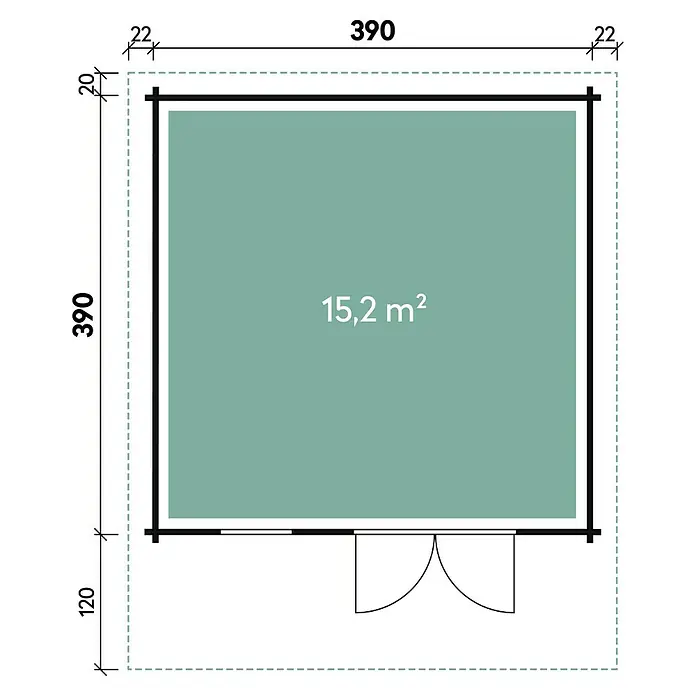 Wolff Finnhaus Gartenhaus Lisa 44-C - B x T: 422 x 500 cm, Holz, 13 m², Wandstärke: 44 mm, Fichte/Nebelweiß - Skizze