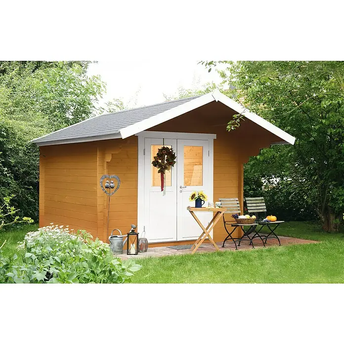 Wolff Finnhaus Gartenhaus Mona 34-B - B x T: 360 x 440 cm, Holz, 9 m², Wandstärke: 34 mm, Bernstein/Nebelweiß - Stimmungsaufnahme