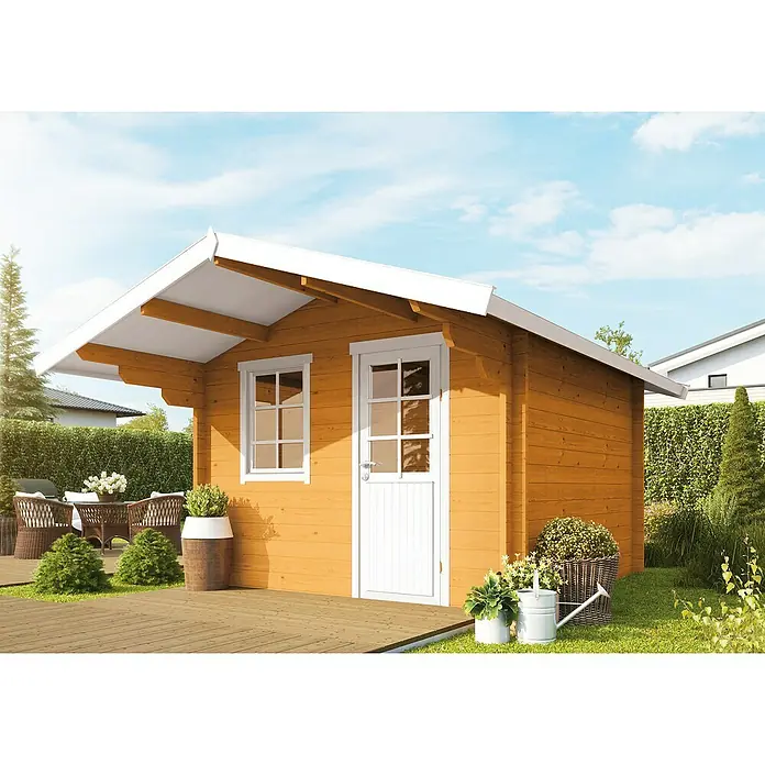 Wolff Finnhaus Gartenhaus Skagen 44-A - B x T: 360 x 395 cm, Holz, 7,4 m², Wandstärke: 44 mm, Bernstein/Nebelweiß - Stimmungsaufnahme