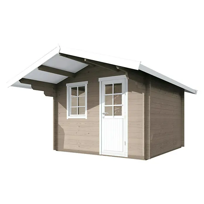 Wolff Finnhaus Gartenhaus Skagen 44-A - B x T: 360 x 395 cm, Holz, 7,4 m², Wandstärke: 44 mm, Gletschergrau/Nebelweiß - Diagonale Ansicht