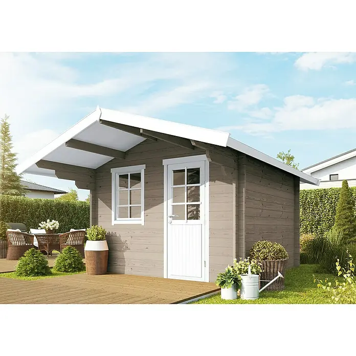 Wolff Finnhaus Gartenhaus Skagen 44-A - B x T: 360 x 395 cm, Holz, 7,4 m², Wandstärke: 44 mm, Gletschergrau/Nebelweiß - Stimmungsaufnahme