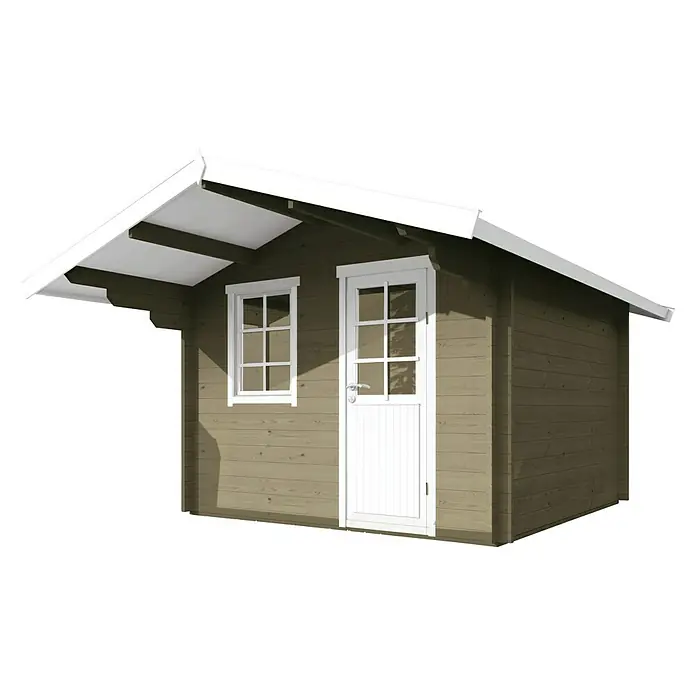 Wolff Finnhaus Gartenhaus Skagen 44-A - B x T: 360 x 395 cm, Holz, 7,4 m², Wandstärke: 44 mm, Felsgrau/Nebelweiß - Diagonale Ansicht