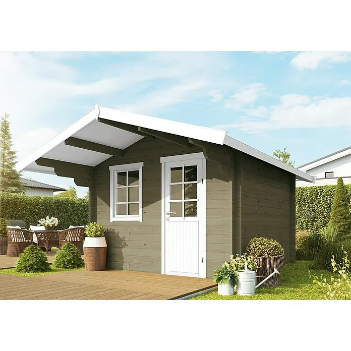 Wolff Finnhaus Gartenhaus Skagen 44-A - B x T: 360 x 395 cm, Holz, 7,4 m², Wandstärke: 44 mm, Felsgrau/Nebelweiß - Stimmungsaufnahme