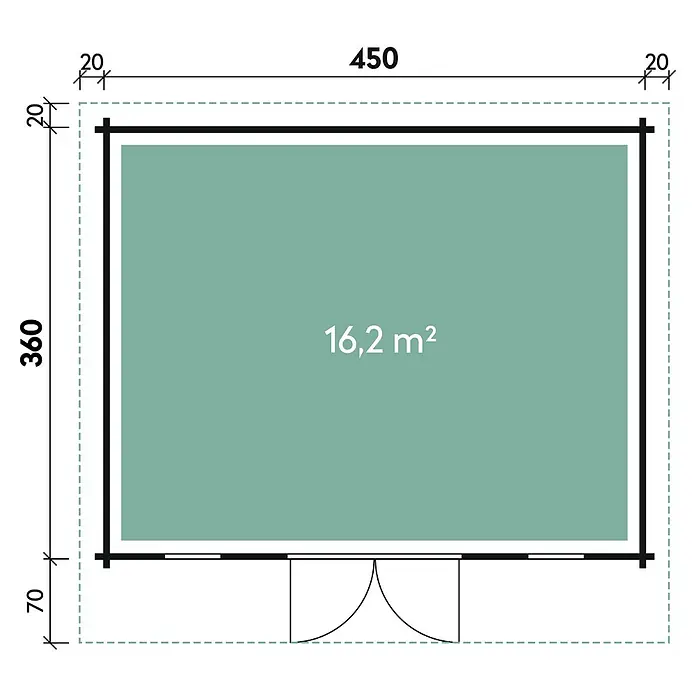 Wolff Finnhaus Gartenhaus Trondheim 44-D XL - 490 x 450 cm, Holz, 16,2 m², Wandstärke: 44 mm, Firsthöhe: 255 cm - Skizze