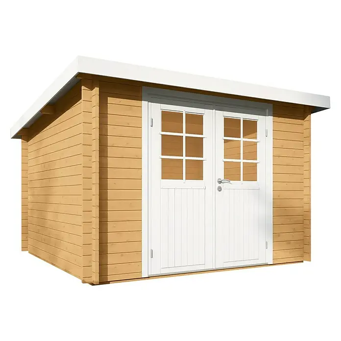 Wolff Finnhaus Gartenhaus Pulti 34-B Typ 2 - B x T: 360 x 300 cm, Holz, 7,2 m², Wandstärke: 34 mm, Fichte/Nebelweiß - Diagonale Ansicht
