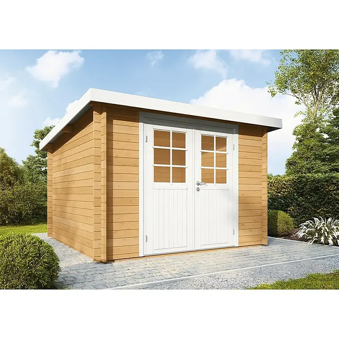 Wolff Finnhaus Gartenhaus Pulti 34-B Typ 2 - B x T: 360 x 300 cm, Holz, 7,2 m², Wandstärke: 34 mm, Fichte/Nebelweiß - Stimmungsaufnahme